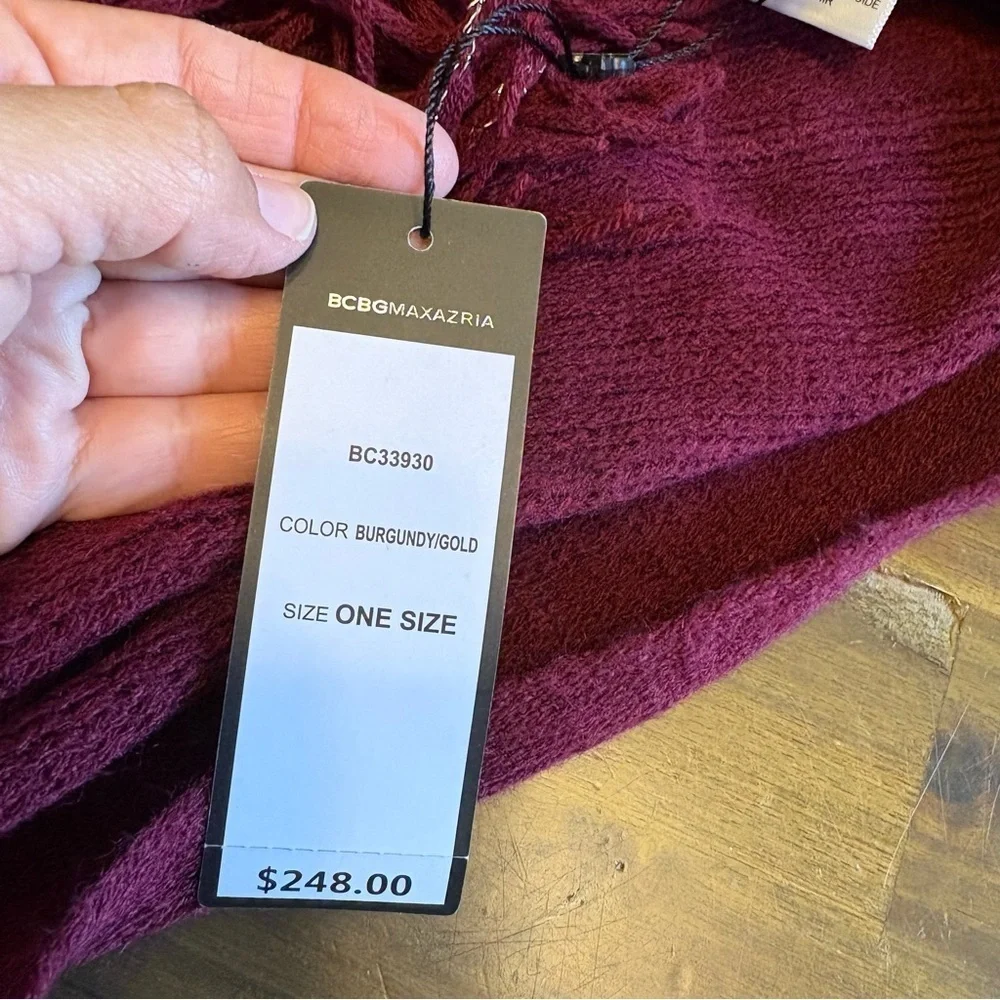 BCBGMAXAZRIA Large Blanket Scarf Wrap Burgundy Gold Fringe Wine Cozy $248